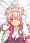  :p blush bonnet cameo casual jewelry long_hair megurine_luka nazna_(daisuke) necklace pink_eyes pink_hair smile solo takoluka tongue tongue_out upper_body vocaloid 