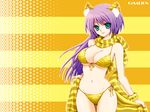  animal_ears animal_print bikini blush breasts cesar cleavage covered_nipples front-tie_top green_eyes large_breasts long_hair original purple_hair scarf side-tie_bikini smile solo standing string_bikini swimsuit thigh_gap tiger_ears tiger_print towel underboob wristband 