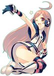 ahoge android armpits belt boots brown_eyes brown_hair dress gloves hands headphones kneehighs long_hair no_panties one_eye_closed open_mouth robot_joints sf-a2_miki smile socks solo star striped striped_gloves striped_legwear takei_ooki vocaloid wrist_cuffs 