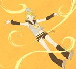  blonde_hair blush detached_sleeves falling flat_chest hair_ornament hair_ribbon hairclip happy kagamine_rin kishida_nica legs ribbon short_hair smile solo vocaloid 