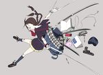  bag bandages book bottle bracelet braid brown_hair chocolate chocolate_bar copyright_request digital_media_player earbuds earphones earphones_removed gun handgun ipod jewelry kenja_tori kneehighs panties school_uniform simple_background skirt socks solo sword twin_braids underwear weapon 