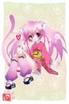  animal_ears cat_ears chikkuru heart heterochromia japanese_clothes kimono pink_hair sandals solo tail twintails 