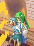  blue_hair green_eyes green_hair kochiya_sanae laughing lightning_bolt multiple_girls o_o porch sitting sitting_on_lap sitting_on_person tatara_kogasa tears tickling tongue touhou veranda zassou_maruko 