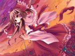  bow breasts brown_hair detached_sleeves field flower flower_field hair_bow hakurei_reimu half_updo ina_(inadahime) md5_mismatch petals red_eyes short_hair small_breasts solo spider_lily touhou twilight 