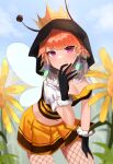  1girl absurdres arthropod_girl bee_girl breasts flower highres hololive hololive_english hood hoodie ko kotodekun looking_at_viewer md5_mismatch nature orange_hair purple_eyes sky smile solo sunflower takanashi_kiara thighhighs tree virtual_youtuber 