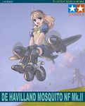  ahoge aircraft airplane bad_id bad_pixiv_id blonde_hair blue_eyes blush brand_name_imitation brown_hair flying goggles goggles_on_head long_hair mecha_musume military mosquito_(airplane) open_mouth sano_toshihide smile solo_focus tamiya_incorporated thighhighs world_war_ii 