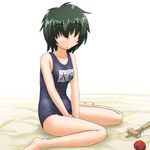  barefoot green_hair hair_over_eyes kendama name_tag no_eyes one-piece_swimsuit ooba_tsukiyo school_swimsuit short_hair sitting sketchbook_full_colors solo swimsuit tanada-bon toy wariza 