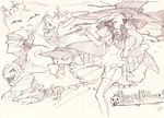  absurdres bad_id bad_pixiv_id blush broom broom_riding brown halloween hat highres izuru_(timbermetal) long_hair monochrome mummy one_eye_closed original skeleton sketch skirt traditional_media witch_hat 