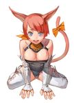  animal_ears blue_eyes breasts cat_ears cleavage fingerless_gloves gloves highres large_breasts leaning_forward original ribbon salamander_(jonbonjovi82) sitting solo tail wariza 