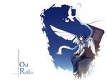  bird blue_eyes blue_hair blue_scarf greenheart kaito male_focus mechanical_wings old_radio_(vocaloid) scarf sitting sky smile solo vocaloid wings 