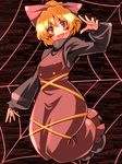  blonde_hair blush_stickers bow buttons dress hair_bow hands kurodani_yamame open_mouth ribbon short_hair silk solo spider_web symbol-shaped_pupils touhou tro 