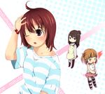  apron brown_hair chibi hair_bun hakka0320 marui_futaba marui_hitoha marui_mitsuba mitsudomoe multiple_girls one_eye_closed shirt short_hair skirt striped striped_legwear striped_shirt thighhighs 