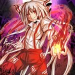  bow fire fujiwara_no_mokou grey_hair grin hair_bow ram_hachimin red_eyes smile solo suspenders touhou 