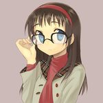  adjusting_eyewear blue_eyes blush brown_hair glasses hairband long_hair miyoshino original solo 