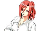  amatsuki_aruto aozaki_touko breasts cigarette cleavage kara_no_kyoukai large_breasts ponytail red_hair solo 