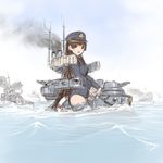  bad_id bad_pixiv_id battleship blush brown_hair hat imperial_japanese_navy long_hair mecha_musume mikasa_(battleship) military military_uniform military_vehicle original sano_toshihide ship solo thighhighs uniform warship water watercraft 