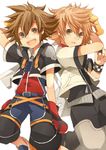  bad_id bad_pixiv_id belt blonde_hair blue_eyes brown_hair keyblade kingdom_hearts male_focus multiple_boys open_mouth roxas smile sora_(kingdom_hearts) tetsuo wristband 