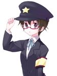  :o armband brown_hair glasses hat k-on! manabe_nodoka miyoshino police_hat purple_eyes red-framed_eyewear school_uniform semi-rimless_eyewear short_hair solo under-rim_eyewear 