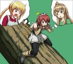  3girls ahoge bad_id bad_pixiv_id blonde_hair brown_eyes brown_hair cecily_cambell crossover fingerless_gloves gloves green_eyes hayate_no_gotoku! imagining log long_hair minami-ke minami_chiaki multiple_girls red_eyes rohitsuka sanzen'in_nagi seiken_no_blacksmith short_hair thighhighs twintails 