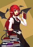  bad_id bad_pixiv_id bat_wings book head_wings katakura_nayuuki koakuma long_hair red_eyes red_hair solo touhou wings 