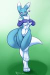 2012 alternate_color anthro blue_fur blush bottomless breasts canine clothed clothing covering digimon english_text fan_character featureless_crotch female fox fur green_background haley_(nightfaux) half-dressed looking_at_viewer mammal navel nightfaux purple_eyes raised_leg renamon simple_background solo text topless white_fur wide_hips 