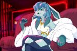2025 5_fingers absurd_res anthro anthrofied bent_arm blue_body blue_bottomwear blue_clothing blue_eyes blue_fur blue_hair blue_inner_ear blue_nose blue_pants bottomwear breasts cleavage clothed clothing coat collarbone colored crossed_legs digital_media_(artwork) eeveelution eyelashes eyeshadow facial_markings fangs female fingernails fingers fur fur_coat furniture generation_4_pokemon glaceon glistening glistening_lips hair head_markings hi_res lips lipstick looking_at_viewer makeup markings milquetoaster multicolored_body multicolored_eyeshadow multicolored_fingernails multicolored_fur multicolored_nails nails nintendo no_sclera open_mouth pants photo_background photography_(artwork) pokemon pokemon_(species) pokemorph portrait pupils raised_arm shirt sitting sofa solo teeth three-quarter_portrait topwear white_clothing white_coat white_shirt white_topwear
