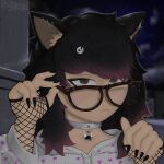  bell bell_collar blush brown_eyes choker collar colored_nails detailed_background digital_media_(artwork) domestic_cat eyewear fan_character felid feline felis female glasses glistening glistening_eyes highlights_(coloring) humanoid jewelry jonte_artis mammal nailpolish nails necklace night piercing reflection skull_accessory sky solo 