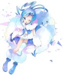  1girl ;d altaria asymmetrical_legwear bad_id bad_pixiv_id bangs blue_eyes blue_footwear blue_hair blush creatures_(company) earrings eyebrows_visible_through_hair from_above fur-trimmed_boots fur_trim game_freak gen_3_pokemon hair_ornament hairclip highres jewelry long_hair looking_at_viewer looking_up lucia_(pokemon) nintendo one_eye_closed open_mouth pokemon pokemon_(creature) pokemon_(game) pokemon_oras shirt short_shorts shorts sidelocks single_thighhigh sitting smile striped striped_legwear thighhighs tsukiyo_(skymint) very_long_hair white_background white_shirt white_shorts 