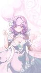  1girl absurdres alternate_costume balloon bare_shoulders breasts bright_background chinese_commentary closed_mouth collar collarbone commentary_request cowboy_shot dress elysia_(honkai_impact) hair_ornament highres holding holding_balloon honkai_(series) honkai_impact_3rd looking_at_viewer medium_breasts monochrome_background pink_eyes pink_hair pointy_ears smile solo straight-on tsuzuki908 white_collar white_dress 
