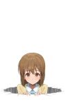  1girl blush brown_eyes brown_hair ground_shatter hagiwara_yukiho hands_up highres hole idolmaster idolmaster_(classic) light_smile looking_at_viewer negative_space simple_background solo straight-on straight_hair through_ground upper_body white_background yaki_tai 