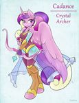  2015 absurd_res ambris anthro anthrofied arrow blush bow_(weapon) clothing equine female friendship_is_magic fur hair hi_res horn long_hair mammal multicolored_hair my_little_pony pink_fur ponytail princess_cadance_(mlp) purple_eyes ranged_weapon smile solo weapon winged_unicorn wings 