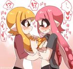  &lt;3 blush breast_suck breasts duo eromame female female/female hair inkling japanese_text nintendo orange_eyes orange_hair pink_eyes pink_hair splatoon sucking tentacle_hair tentacles text translation_request video_games 