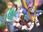  1boy baseball_cap beam_rifle blue_eyes brown_hair commentary_request earth_federation energy energy_gun gloves glowing glowing_eyes green_jacket gundam hat jacket looking_up machinery mecha mobile_suit nebula psycho_frame puu_maru realistic removing_hat robot science_fiction serious uso_ewin v-fin v2_gundam victory_gundam weapon 