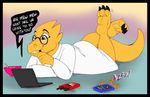  2015 alphys anthro blondevelvet cellphone computer english_text eyewear feet female glasses laptop mammal monster phone simple_background solo teeth text undertale video_games 