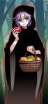  1boy androgynous apple basket black_robe commentary_request cosplay epel_felmier food forest fruit funuyu green_background green_eyes highres holding holding_basket holding_food holding_fruit hooded_robe male_focus nature outdoors purple_hair robe short_hair snow_white snow_white_and_the_seven_dwarfs solo twisted_wonderland wide_sleeves 
