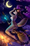  anthro black_hair blue_eyes broom canine crescent_moon digitigrade female flying hair hat little.sparrow looking_at_viewer magic mammal moon nude paws smile solo witch_hat 
