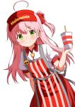  1girl absurdres ahoge alternate_costume apron arm_behind_back blush collared_shirt drink employee_uniform fast_food fast_food_uniform green_eyes hand_up highres holding holding_drink hololive kishishi_(kishiman-ya) long_hair looking_at_viewer name_tag pink_hair red_apron sakura_miko shirt short_sleeves simple_background smile solo striped_apron striped_clothes vertical-striped_apron vertical-striped_clothes virtual_youtuber visor_cap white_background white_shirt 