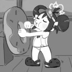  1girl antenna_hair blue_archive chibi closed_eyes commentary crocs donut double_bun english_commentary food fubuki_(blue_archive) fubuki_(swimsuit)_(blue_archive) full_body greyscale hair_bun halo lowres monochrome nemo_(leafnight) one-piece_swimsuit oversized_food oversized_object parody ship&#039;s_wheel solo standing steamboat_willie swimsuit tapping_foot visor_cap whistling 