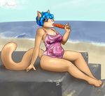  2015 anthro beach blue_hair brown_eyes brynn cat chubby cleavage clothed clothing feline hair looking_at_viewer mammal one-piece_swimsuit paws popsicle pose seaside short_hair sitting solo swimsuit temari-brynn tongue 