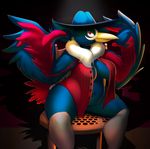  2015 anthro areola avian beak black_feathers breasts chair clothed clothing elpatrixf eyelashes feathers female hat honchkrow looking_at_viewer navel nintendo pok&eacute;mon red_eyes sitting solo video_games white_sclera 