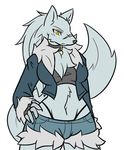  anthro canine clothing collar female fingerless_gloves gloves jacket mammal muscular muscular_female navel rakkuguy scar shorts solo velvela wolf yellow_eyes 