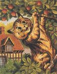  ambiguous_gender brown_fur cat detailed_background feline fruit fur house license_info louis_wain low_res mammal nude open_mouth outside public_domain semi-anthro solo tan_fur traditional_media_(artwork) tree whiskers yellow_eyes 