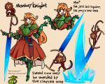  1girl :d absurdres animal armor english_text gauntlets goblin green_armor grin highres knight long_hair monkey multiple_views murgoten orange_hair original pauldrons pointy_ears shoulder_armor simple_background smile very_long_hair weapon 