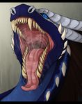  ambiguous_gender blue_eyes blue_scales breath brown_hair close-up dragon dripping drooling fangs feral gaping_mouth gums hair horn looking_at_viewer mouth_shot noiraak ribcagedemon saliva saliva_string scales scalie simple_background snout solo spikes throat tongue tongue_out 