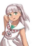  1girl absurdres anchor_hair_ornament blunt_bangs dress green_eyes grey_hair hair_ornament highres kantai_collection looking_at_viewer low-cut_armhole maestrale_(kancolle) neckerchief one-hour_drawing_challenge one_side_up ron_(pixiv83091338) sailor_collar sailor_dress side-tie_dress side_ponytail simple_background sleeveless sleeveless_dress solo striped_neckerchief tan white_background white_sailor_collar 