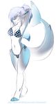  anthro bikini blue_eyes breasts clothing female fin fish grey_hair hair half-closed_eyes hands_behind_head kaveri looking_at_viewer marine navel ponytail pose ryunwoofie shark simple_background solo standing swimsuit tail_fin white_background 