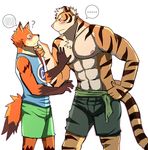  2015 anthro bearlovestiger13 biceps canine clothed clothing dungeon_island duo feline fox fur half-dressed male mammal muscular nipples pecs shirt shy tank_top tiger topless 