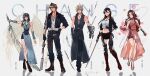  2boys 3girls aerith_gainsborough alternate_costume arm_up arm_warmers bare_shoulders bike_shorts black_gloves black_hair black_jacket black_pantyhose black_shorts black_vest blonde_hair blue_eyes boots breasts brown_eyes brown_hair chaps clenched_hands closed_mouth cloud_strife crop_top cropped_jacket crossed_legs dress feathers final_fantasy final_fantasy_vii final_fantasy_vii_advent_children final_fantasy_viii fingerless_gloves flats full_body gloves green_eyes gunblade hair_between_eyes hair_ribbon highres holding holding_feather holding_staff holding_weapon jacket jewelry large_breasts long_hair long_skirt medium_breasts midriff multiple_boys multiple_girls navel necklace pantyhose parted_bangs pink_dress pink_footwear ponytail red_ribbon ribbon rinoa_heartilly scar scar_on_face scar_on_forehead shio_ga shirt short_hair short_shorts shorts shorts_under_dress side_slit sidelocks skirt sleeveless sleeveless_shirt smile spiked_hair squall_leonhart staff thigh_strap tifa_lockhart vest weapon weapon_switch white_shirt 