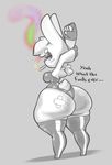  anthro big_butt blush breasts butt cigarette clothing cupcake_(oriole) dialogue english_text female fingerless_gloves gloves huge_butt lagomorph leotard looking_back mammal rabbit smoking solo stretching text wide_hips xopachi 