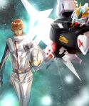  1boy amuro_ray anaheim_electronics char&#039;s_counterattack commentary_request earth_federation energy gundam helmet holding holding_helmet machinery mecha mecha_pilot_suit nebula nu_gundam psycho_frame puu_maru realistic robot science_fiction space star_(sky) v-fin 